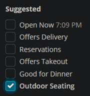 Yelp screenshot with outdoor seating selected